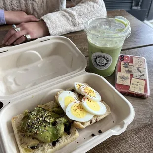 Avocado Toast, Matcha Green Tea