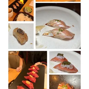 a variety of sushi dishes being prepared