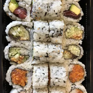 Tuna and avocado, eel and cucumber, spicy tuna