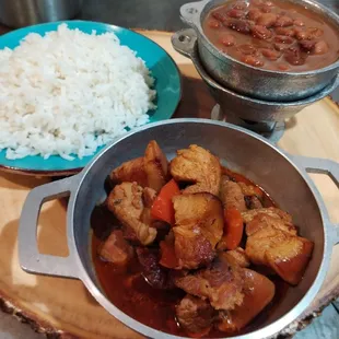Pork stew,rice and beans.