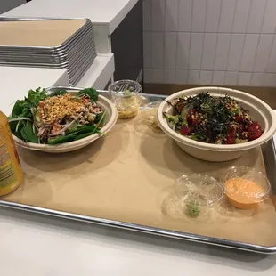 Ahi Tuna on the right Salmon and crab salad on the right