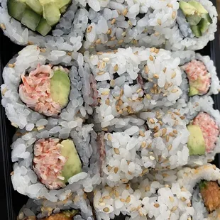 Avocado Cucumber Roll, California Roll, Spicy Tuna Crunch Roll