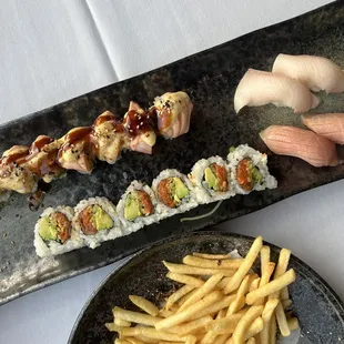 Miso Dashi Fries, ngiri, Spicy Tuna Roll, Lion King Roll