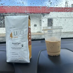 Iced flavored latte and a bag of their Burundi whole beans.