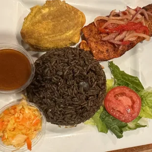Blackened Salmon, Djondjon rice and plantains