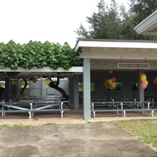 Part of the covered pavilion with picnic tables. Barbecue grilling area is to the left.