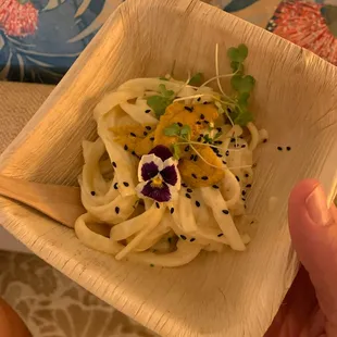 a person holding a bowl of noodles