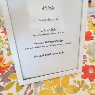 Another night menu. Delicious!