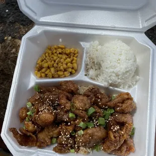 Yummy Korean fried chicken! Think orange chicken, but better. And whole pieces of chicken skin deep fried with a tangy sweet bite!