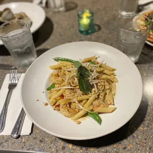 Penne and coconut curry with shrimp