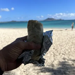 Breakfast Burrito with Kailua Pork, Eggs, Potatoes, Cheese &amp; Salsa on da beach!