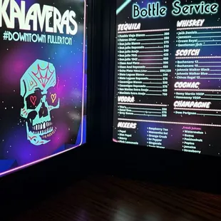 Menu for bottle service