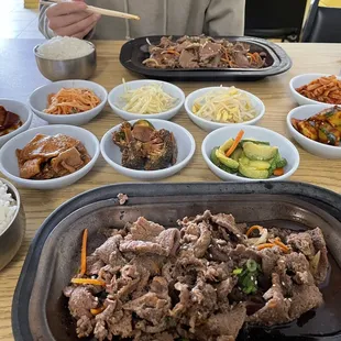 Bulgogi beef, white rice and banchan (vegetable side dishes)