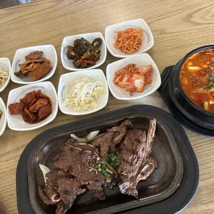 Kalbi Ribs and side items and Sundubu Jjigae Soup