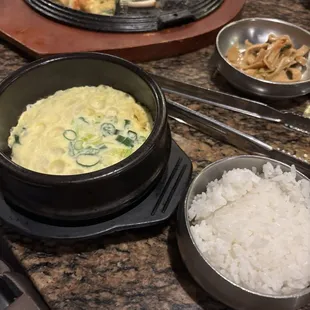 Egg casserole, white rice, Seafood Pancake