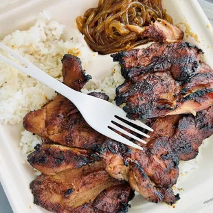 Bbq chicken, long noodles and rice