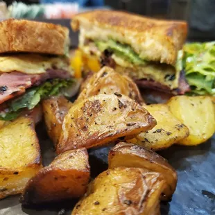 Turkey bacon breakfast sandwich with homefries