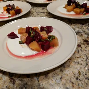 Pickled Beet Salad with Whipped Goat Cheese, Herb Vingaigrette and Citrus Vinaigrette