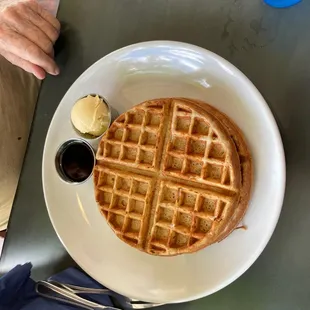 Waffle with maple syrup.