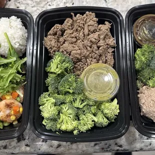 Stir-fry shrimp, "steak bites", and teriyaki ground turkey