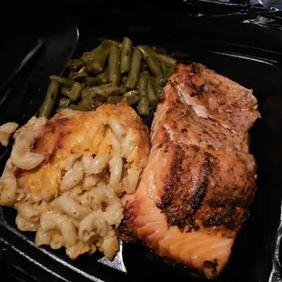 Takeout - salmon, mac + cheese and green beans.