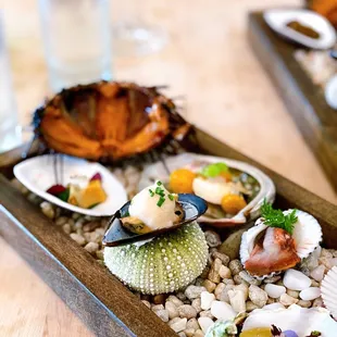 Crowded beach: oyster, uni, limpets, scallop, abalone, mussles, blood clam | IG: happyfoodieoc