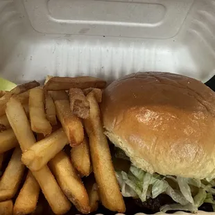 Mojo burger and fries