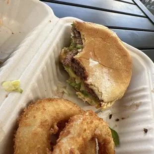 Mojo burger and onion rings