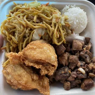 Pork Adobo Fried Chicken with Rice and Pancit. Love the Dry Style Pork Adobo