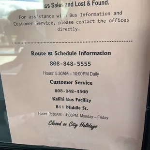 Information number Sales &amp; Lost &amp; Found