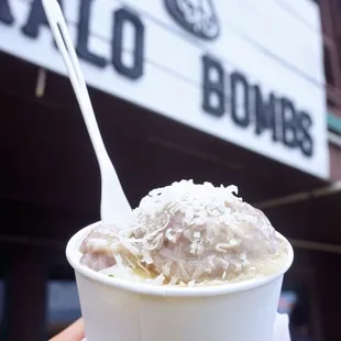 Pa'i 'Ai Bomb: fresh kalo pa'i 'ai (i.e. pounded taro) (4oz), choice of ice cream, niu (i.e. coconut) cream, niu flakes ($10).