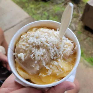 Yummy fruit bomb with pa'i 'Ai, coconut flakes, haupia ice cream and banana!