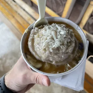 Fruit bomb with Ube ice cream and bananas!