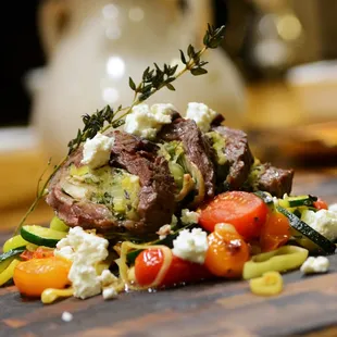 Braised Venison with summer ratatouille and goat cheese.