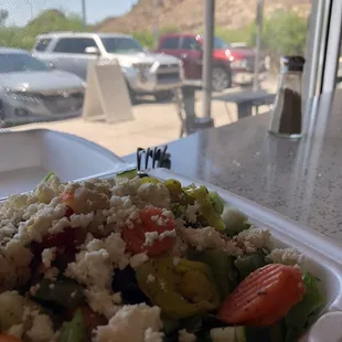 Greek Salad, yummy! Perfect for hot Tempe&apos; lunch!