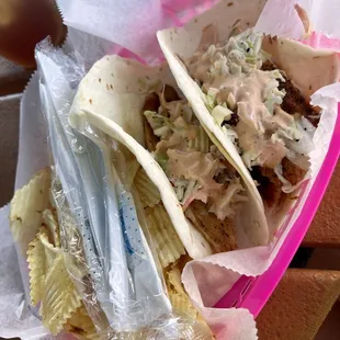 Fish Tacos with chips.