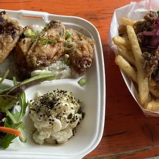 Calamansi wings plate; Nakakaloka fries w/kalua pork.