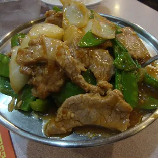 Beef with pea pods.