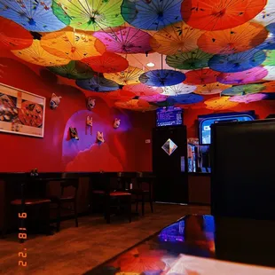 colorful umbrellas on the ceiling