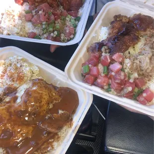 spam moco, northshore, garlic chicken wings with side of poke