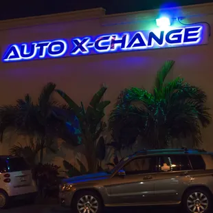 Auto X-Change Main Sign. Chrome lettering w/ Halo Lit blue LEDs