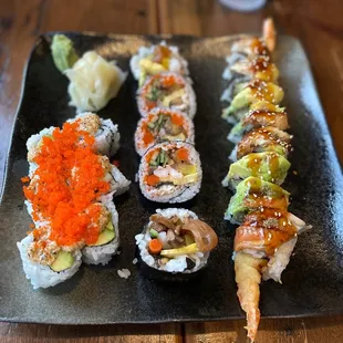 Baked Spicy Scallop, Futomaki, Dragon Roll