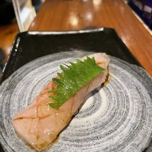 Halibut fin- so good!! Chewy and smokey but creamy. And the shiso leaf is the perfect compliment