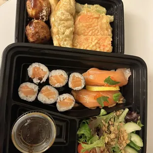 a bento box of food