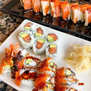 Giant Roll, Salmon + Avocado Roll, Atlanta Roll