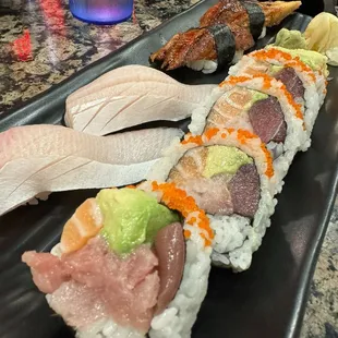 Crazy roll, hamachi nigiri, unagi nigiri