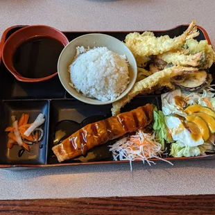 Salmon and tempura bento box