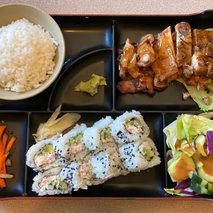 Lunch bento chicken teriyaki, ca roll w/soup/rice/salad $17.95