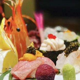 Kama toro with Uni and caviar, Shirako sushi, Shirauo sushi from Japan.