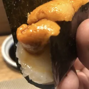Hokkaido Scallops sushi with Hokkaido Uni.